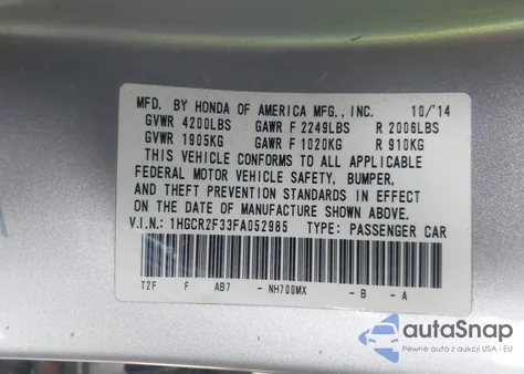 2015 Honda Accord Lx из США, поврежденный, VIN 1HGCR2F33FA052985